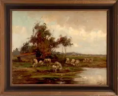 A. v.d. Pol, schepen, Arend van de Pol (Utrecht 1886 - 1956), olieverf op linnen, landschap met schapen 49x38cm