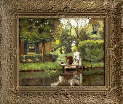 L. de Jong ca, vrouw bij rivier, 1930, olieverf op linnen, wassende vrouw bij een beek 40x50cm