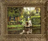 L. de Jong ca, vrouw bij rivier, 1930, olieverf op linnen, wassende vrouw bij een beek 40x50cm