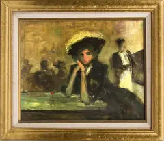 H. Bernard, dame in cafe, 1930, olieverf op linnen, dame in een café (verf laat los op sommige plekken) 33x42cm