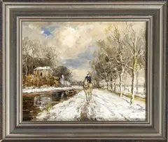 J. Brolsma, ruiter, Brolsma, olieverf op paneel, winters landschap met ruiter op jaagpad 25x20cm