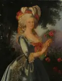 Ongesigneerd ca, 19e eeuw, 1880, olieverf op linnen, voorname dame met roos 18x14cm