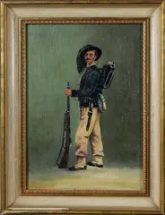 Ongesigneerd ca, soldaat, 1900, olieverf op linnen, portret van een bepakte soldaat 24x33cm