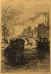 2x Ets, Johan Scherft, Twee etsen op papier van Johan Scherft (Den Haag 1891 - 1969), 1x gracht Amsterdam en 1x Katwijk aan zee Cond.: R