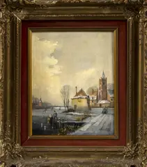 W.A. Telden, ijsgezicht, 1980, olieverf op paneel, Hollands ijspret bij dorp 20x25cm