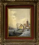W.A. Telden, ijsgezicht, 1980, olieverf op paneel, Hollands ijspret bij dorp 20x25cm