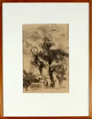 Ro Mogendorff, bomen, Ro Mogendorff 1967 (Rosa, Joodse kunstenares Amsterdam 1907 - 1969 Laren), Chinese inkt op papier, bomen 67x54cm