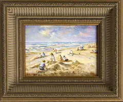 E. van Egmond ca, strandscene met figuren, 1980, olieverf op paneel, strandgezicht met figuren 18x13cm