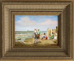 E. van Egmond, strandscene met ezel, 1980, olieverf op paneel, strandgezicht met ezel en figuren 18x13cm
