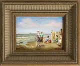 E. van Egmond, strandscene met ezel, 1980, olieverf op paneel, strandgezicht met ezel en figuren 18x13cm