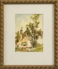 A. Keus, boerderij, Adriaan Keus (Rotterdam 1875 - 1955 Soest), aquarel op papier, boerderij met kippen 17x12cm