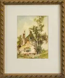 A. Keus, boerderij, Adriaan Keus (Rotterdam 1875 - 1955 Soest), aquarel op papier, boerderij met kippen 17x12cm