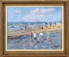 A.C. van Noort, strand, Arie Cees van Noort ( 1914 - 2003), olieverf op linnen, strandgezicht zandvoort Holland 45x35cm