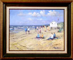 A.C. van Noort, strand, Arie Cees van Noort ( 1914 - 2003), olieverf op linnen, strandgezicht zandvoort Holland 30x40cm