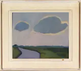 Jentsje Popma, landschap, Jentsje Popma (Zwolle 1921 - Rotterdam), olieverf op paneel, Groninger landschap 45x37cm