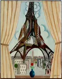 Schilderij Diepeveen, Eiffeltoren, Gerard Diepeveen 20e eeuw (Enschede), olieverf op linnen, kubistische Eiffeltoren 50x40cm