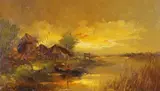 John Bevort ca, landschap, 1980, olieverf op linnen, Hollands riviergezicht bij avond 98x55cm
