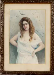 J. Salmony, dame, 1900 Italiaanse School (Giacomo Salmoni 1866-1921), aquarel op papier (vochtvlekken), damesportret 30x46cm