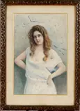 J. Salmony, dame, 1900 Italiaanse School (Giacomo Salmoni 1866-1921), aquarel op papier (vochtvlekken), damesportret 30x46cm