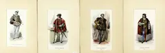 4 Gravures, 19e eeuw, Vier 19e eeuwse ingekleurde Franse gravures op papier, statie portretten 21x11cm