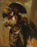 Gesigneerd Adolfs ca, Indonesische man met haan, 1960 (Indonesische School), olieverf op linnen, Indonesische man met hoofdbedekking, draagstok en haan 90x70cm