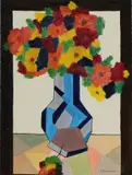Schilderij Diepeveen, bloemen, Gerard Diepeveen 20e eeuw (Enschede), olieverf op linnen, kubistische vaas met bloemen 40x30cm