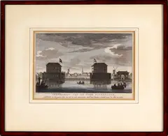 Holl. gravure, 2 blokhuizen, Hollandse 18e eeuwse gravure met afbeelding van de twee blokhuizen, gebouwd in den jaare 1650 etc