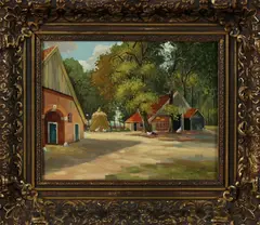 W. v & d Heide, schilderij, Heide, olieverf op paneel, Twentse boerderij met kippen 24x30cm