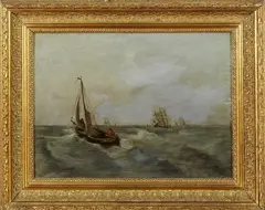 Schilderij ca., zeegezicht, Onduidelijk gesigneerd 19e eeuw, olieverf op paneel, zeilschepen op zee (in schilderingen) 30x40cm