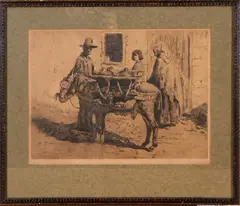 Ets ca., ezel, 1900, ets op papier, bepakte ezel met figuren (Italië) 30x40cm