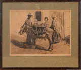 Ets ca., ezel, 1900, ets op papier, bepakte ezel met figuren (Italië) 30x40cm
