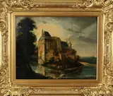 Ongesigneerd? 19e Eeuw, burcht, Onduidelijke restsignatuur 19e eeuw, olieverf op paneel, burcht met figuren aan het water (naad in het paneel) 31x39cm