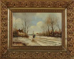 H. Hermans, winter, 1900, olieverf op paneel, winters landschap met figuren op een pad 27x17,5cm