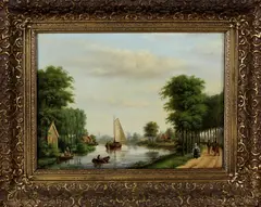 F. v.d. Bijl, riviergezicht, Bijl 1894, olieverf op paneel, Hollands riviergezicht met boten en figuren 38x30,5cm