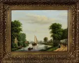 F. v.d. Bijl, riviergezicht, Bijl 1894, olieverf op paneel, Hollands riviergezicht met boten en figuren 38x30,5cm
