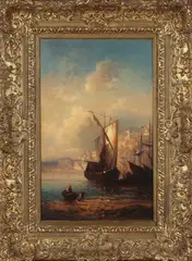 J.H. Ronby ca., haven, Ronby? 19e eeuw, olieverf op linnen (maroufle), Oosterse haven met figuren 35x56cm