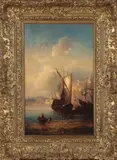 J.H. Ronby ca., haven, Ronby? 19e eeuw, olieverf op linnen (maroufle), Oosterse haven met figuren 35x56cm