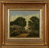 Romatisch schilderij, D. Bosboom, Bakhuyzen 1882, olieverf op linnen, romantisch landschap met vee en figuren (oude bedoeking) 40x50cm