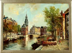 Piet van Beek, Amsterdam, Piet van Beek, olieverf op linnen, bloemenmarkt Amsterdam 50x70cm