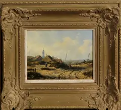 Onduidelijk gesig., strand, 1880, olieverf op paneel, strandgezicht met dorp 16x11cm