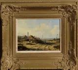 Onduidelijk gesig., strand, 1880, olieverf op paneel, strandgezicht met dorp 16x11cm