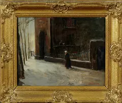 J. Benneker, vrouw op stoep, 1900, olieverf op linnen, wandelaar bij kerk in de sneeuw 24x30cm