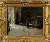J. Benneker, vrouw op stoep, 1900, olieverf op linnen, wandelaar bij kerk in de sneeuw 24x30cm