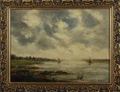J. Bakker, riviergezicht, Bakker 20e eeuw, olieverf op paneel, riviergezicht met zeilboten 30x40cm