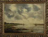 J. Bakker, riviergezicht, Bakker 20e eeuw, olieverf op paneel, riviergezicht met zeilboten 30x40cm