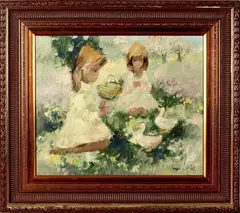 Wim Pol, meisjes met eend, Wim Pol, olieverf op linnen, meisjes in bloemenveld met eenden 50x60cm