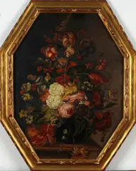bloemen by 8-Kantig schilderij, 1930, olieverf op linnen, vaas met bloemen in de 17e-18e eeuwse stijl (8-kantig) 75x55cm, sold Jan 2014