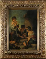 Onduidelijk gesign., 19e eeuw, Buys? 19e eeuw, olieverf op linnen, dobbelende kinderen (2 dunne krassen) 46x64cm