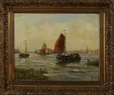 Sluitkamp ca, schepen, 1930, olieverf op linnen, Hollands riviergezicht met haven en boten 40x50cm
