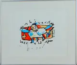 Herman Brood, zeefdruk, Herman Brood 61/100, zeefdruk op papier, "Shivers wereld sjem" 42x33cm